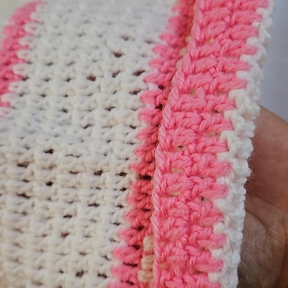 Hand Crafted Knitted beanie Handmade hat white & pink Stripes hand knit pom pom - Picture 13 of 17